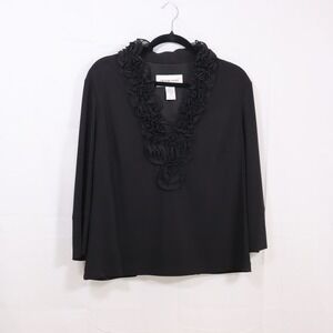 Victor Costa Blouse XL Black‎ Womens Ruffle V-Neck 3/4 Sleeve Evening Top